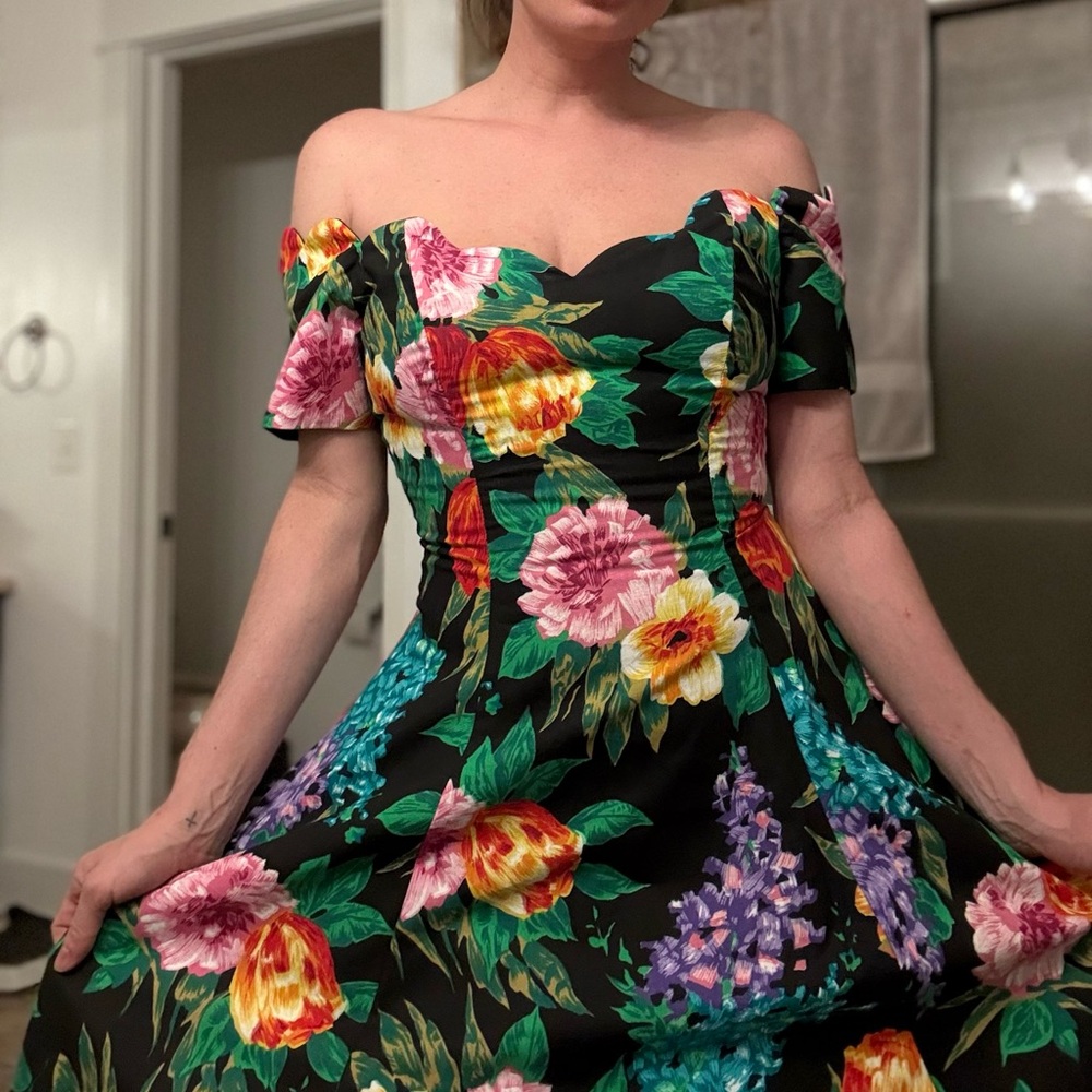 RARE Vintage 80s Floral Off-Shoulder Dress